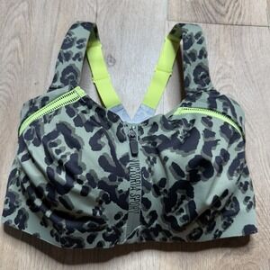Victoria Sport Knockout High Impact Zip Front Green Leopard Print Bra 34DDD NWOT